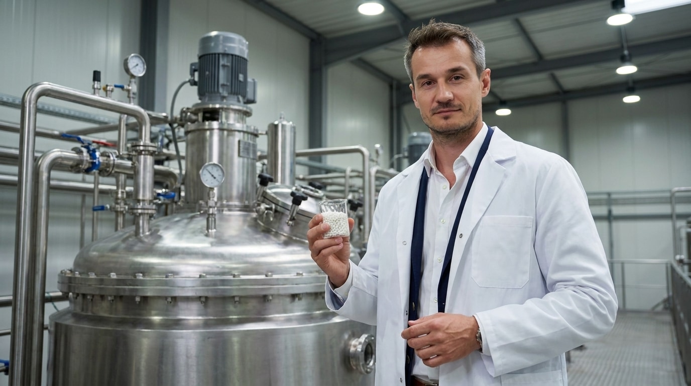 Circulera founder holding PHA resin near an industrial bioreactor